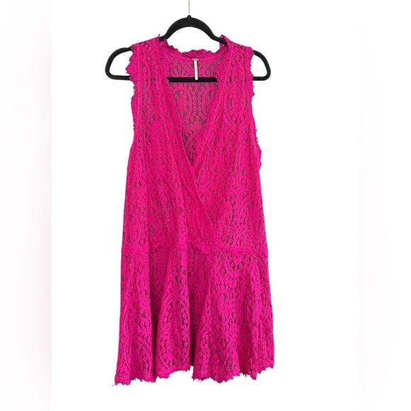 Free People Lace Pink Orchid Heart in Two Drop Waist V Neck Mini Dress Size L - Picture 2 of 6